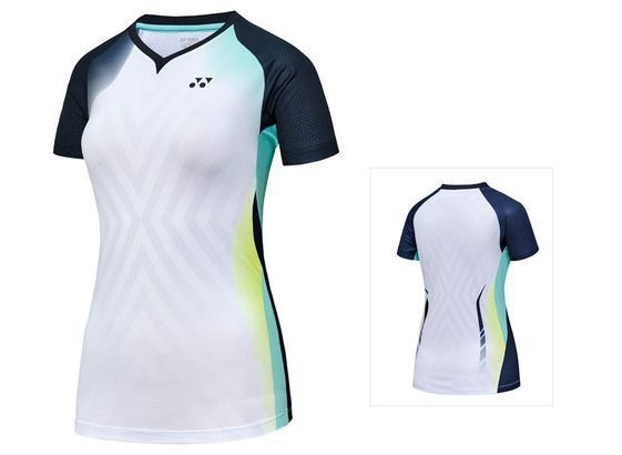 Damska koszulka sportowa z krótkim rękawem, biała z geometrycznym wzorem i kolorowymi wstawkami, prezentowana z przodu i z tyłu na białym tle.