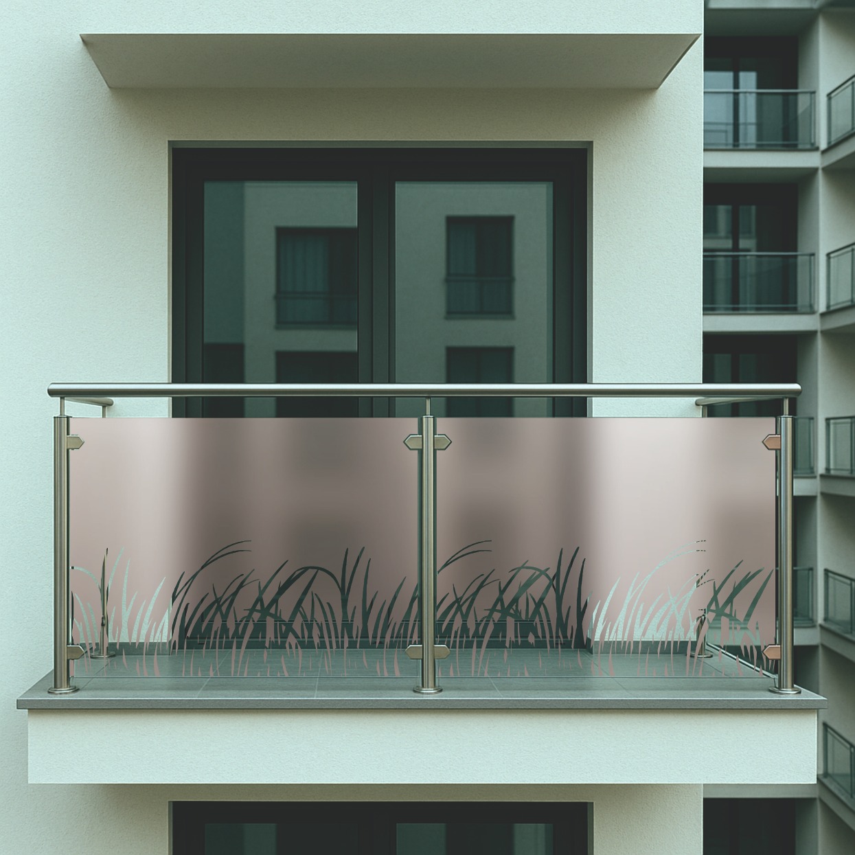 Balkon z szklaną balustradą zdobioną motywem trawy, widok z zewnątrz. Balustrada z elementami ze stali nierdzewnej. Tło stanowi budynek z balkonami.