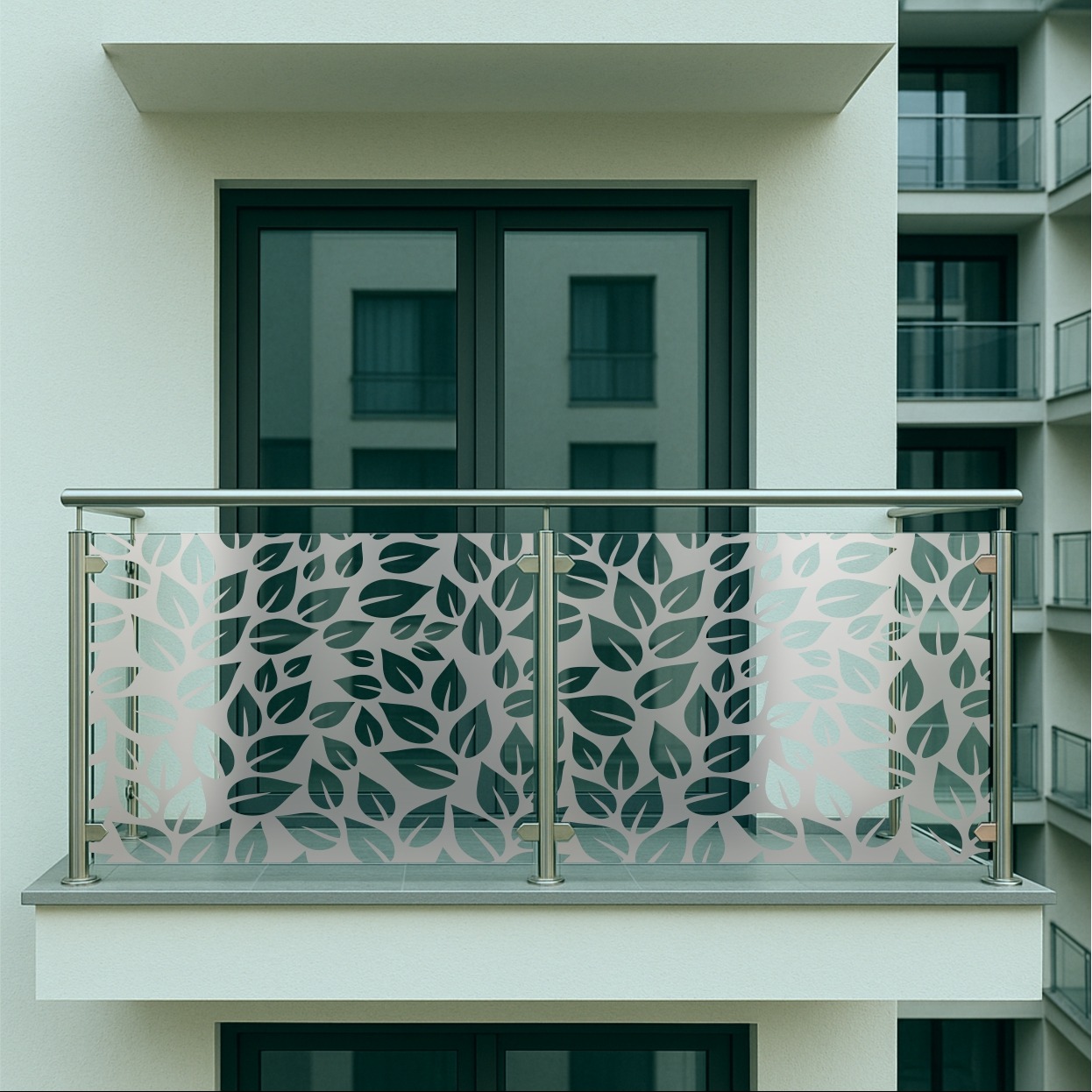 Balkon z szklaną balustradą zdobioną motywem liści, widok z zewnątrz, nowoczesne budownictwo wielorodzinne w tle, stonowana kolorystyka.