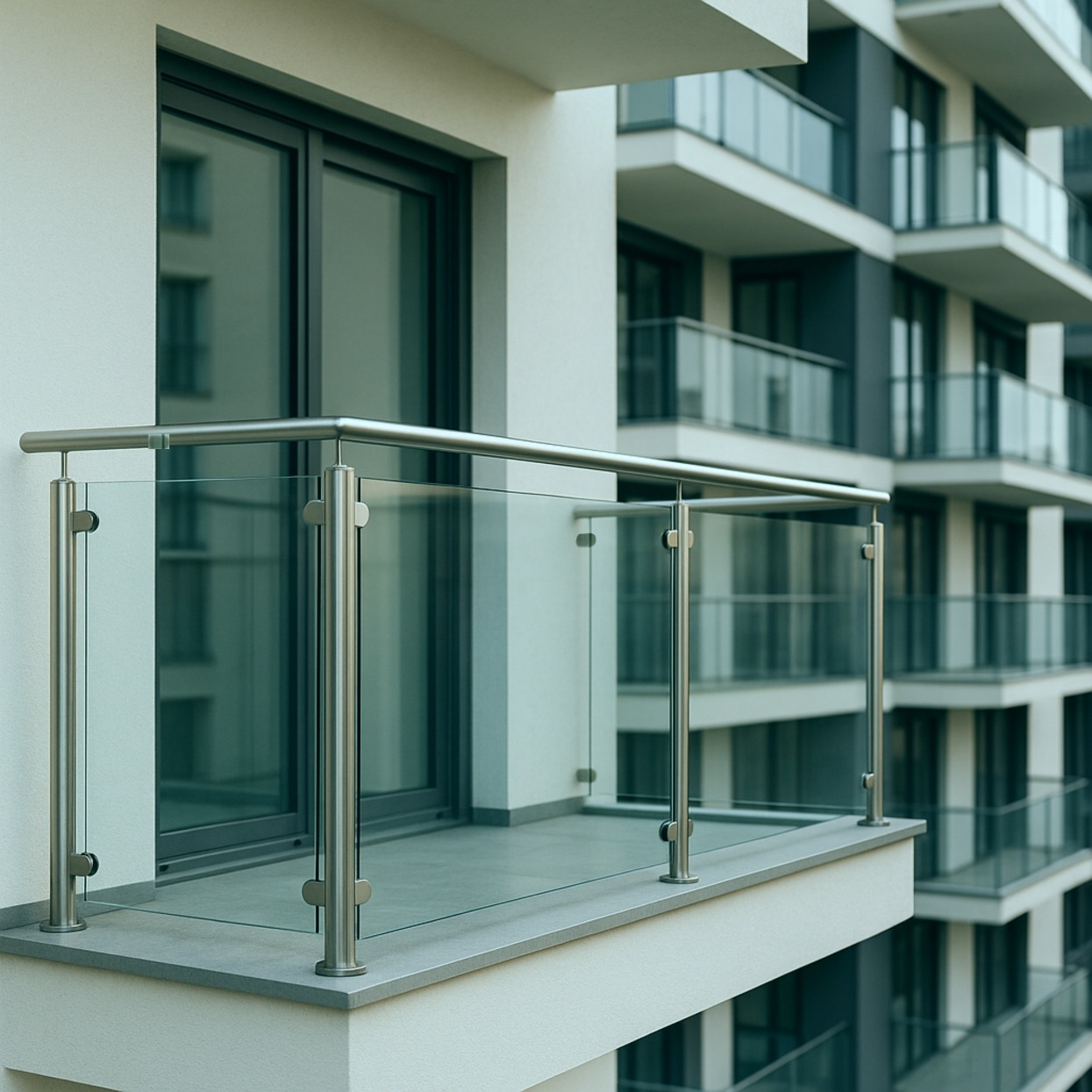 Nowoczesny balkon z szklaną balustradą i metalowymi elementami, widok z zewnątrz na tle budynku wielorodzinnego z podobnymi balkonami.