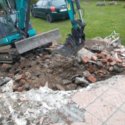 FENIX JAROSŁAW OLSZOWSKI GardenFenix Magdalena Michnik - Niebieska koparka Sunward usuwa gruz i ziemię z rozbiórki chodnika z czerwonej cegły. W tle trawnik, zielony samochód i krzewy.