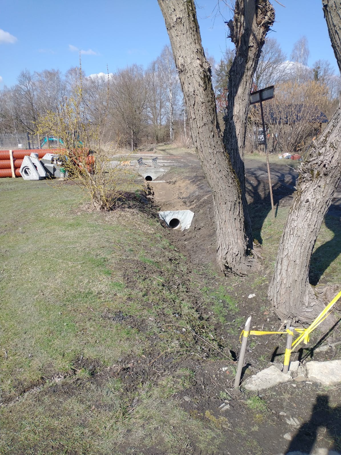 Betonowe rury drenażowe ułożone w wykopie na trawiastym terenie, widoczne drzewa i stos rur w tle, słoneczny dzień.