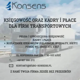 Księgowość i kadry dla firm transportowych. Logo Konsens na tle ciężarówki Iveco. Rozliczanie kierowców, pomoc we wdrożeniu KSeF. Kontakt: kontakt@biuro-konsens.pl.