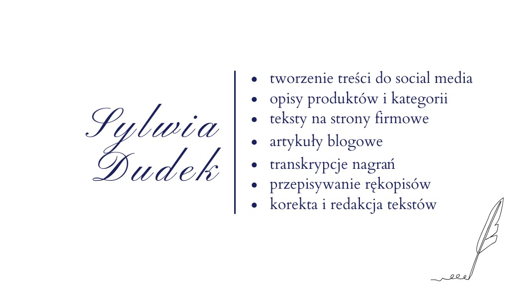 Elegancki baner copywritera Sylwii Dudek. Oferta obejmuje treści do social media, opisy produktów, artykuły blogowe, transkrypcje nagrań i korektę tekstów. Minimalistyczny design.