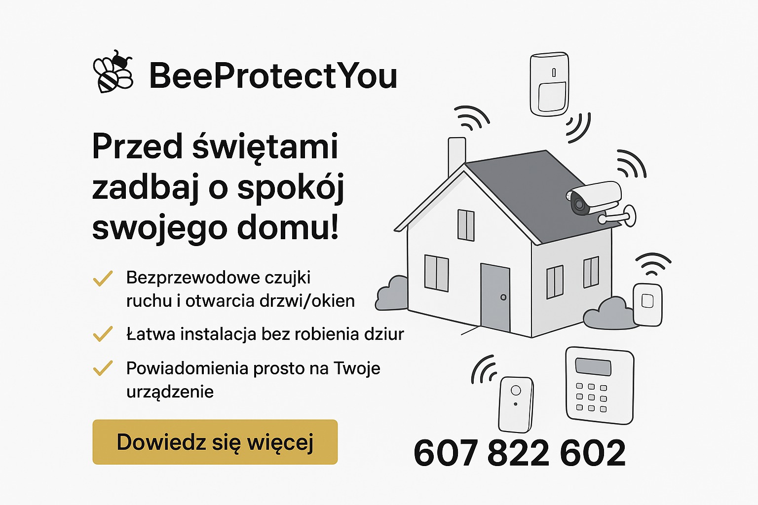 Ilustracja domu z kamerą, czujnikami i panelem alarmowym. Bezprzewodowe czujki ruchu, łatwa instalacja, powiadomienia na urządzenie. Numer telefonu.