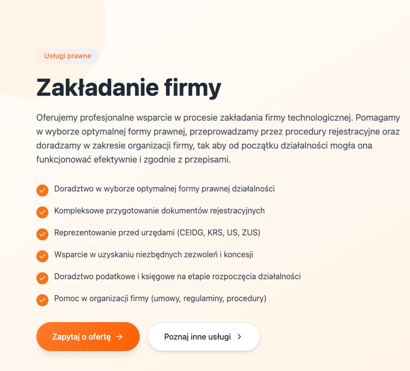 Grafika informacyjna: Zakładanie firmy. Oferta profesjonalnego wsparcia w procesie rejestracji, doradztwa prawnego i podatkowego dla firm technologicznych. Przycisk CTA.