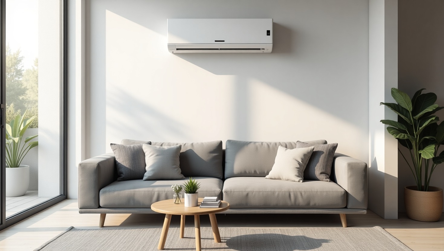Nowoczesny klimatyzator ścienny w jasnym salonie z szarą sofą, stolikiem kawowym i roślinami doniczkowymi. Minimalistyczny design, naturalne światło.