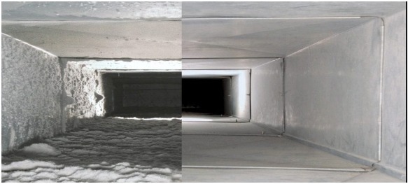 Kanał wentylacyjny przed i po czyszczeniu. Po lewej stronie widoczny silny brud, po prawej czysty, metalowy kanał. Ujęcie z wnętrza kanału, perspektywa zbieżna.