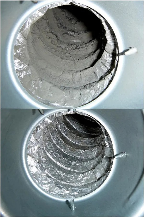 Przekrój kanału wentylacyjnego przed i po czyszczeniu w Zielonej Górze. Widoczna warstwa kurzu i brudu w górnej części, czysty kanał w dolnej.