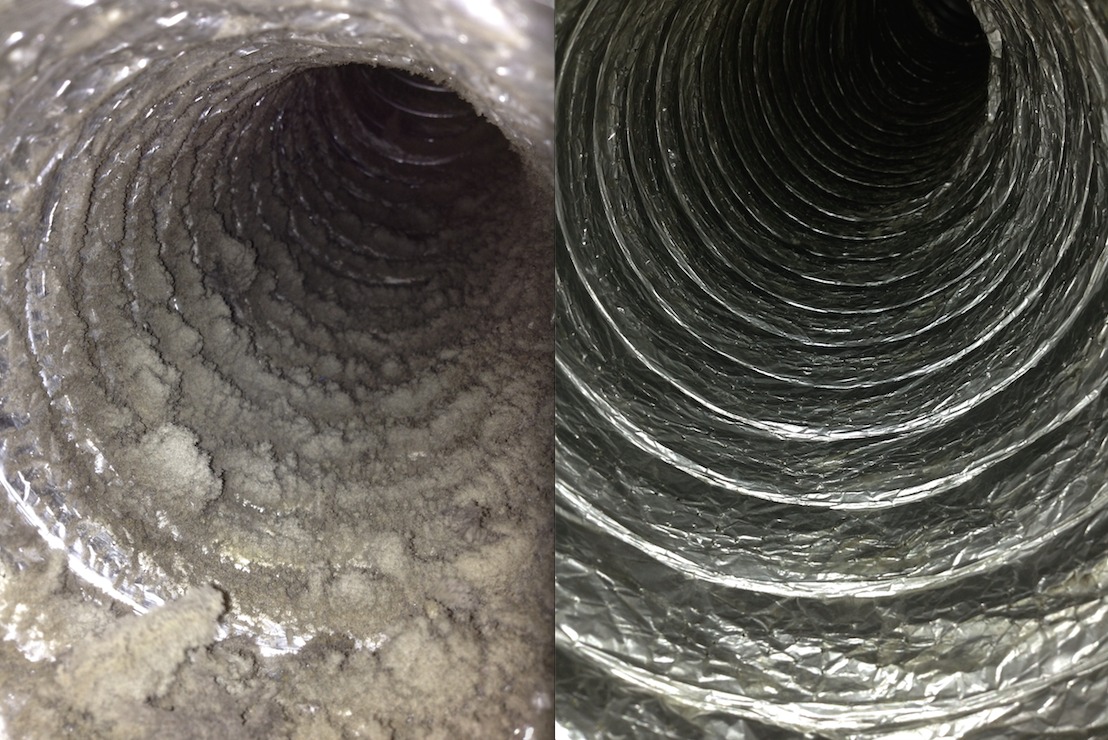 Porównanie: kanał wentylacyjny przed i po czyszczeniu. Po lewej: silne zabrudzenia. Po prawej: czysty, aluminiowy kanał wentylacyjny.