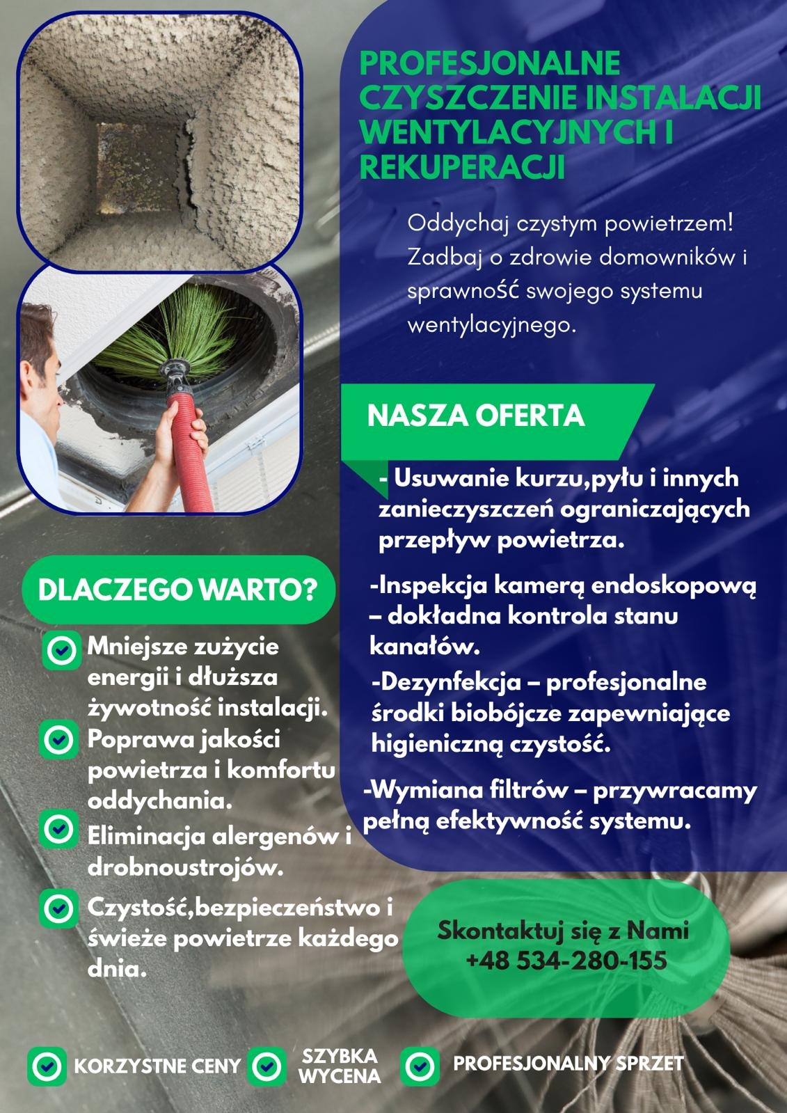 Profesjonalne czyszczenie wentylacji: mężczyzna czyści kanał wentylacyjny szczotką. Widoczny brudny kanał przed czyszczeniem. Oferta z korzyściami i kontaktem.