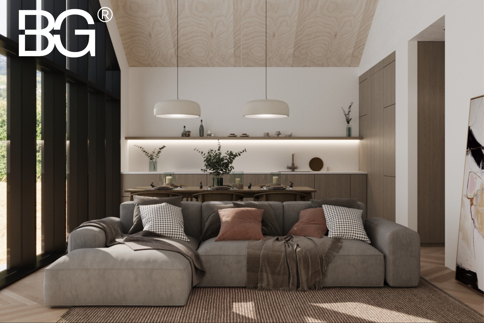 Jasne wnętrze domu z drewnianym sufitem, szarym narożnikiem i dużym oknem. Minimalistyczny design z elementami dekoracyjnymi i oświetleniem.