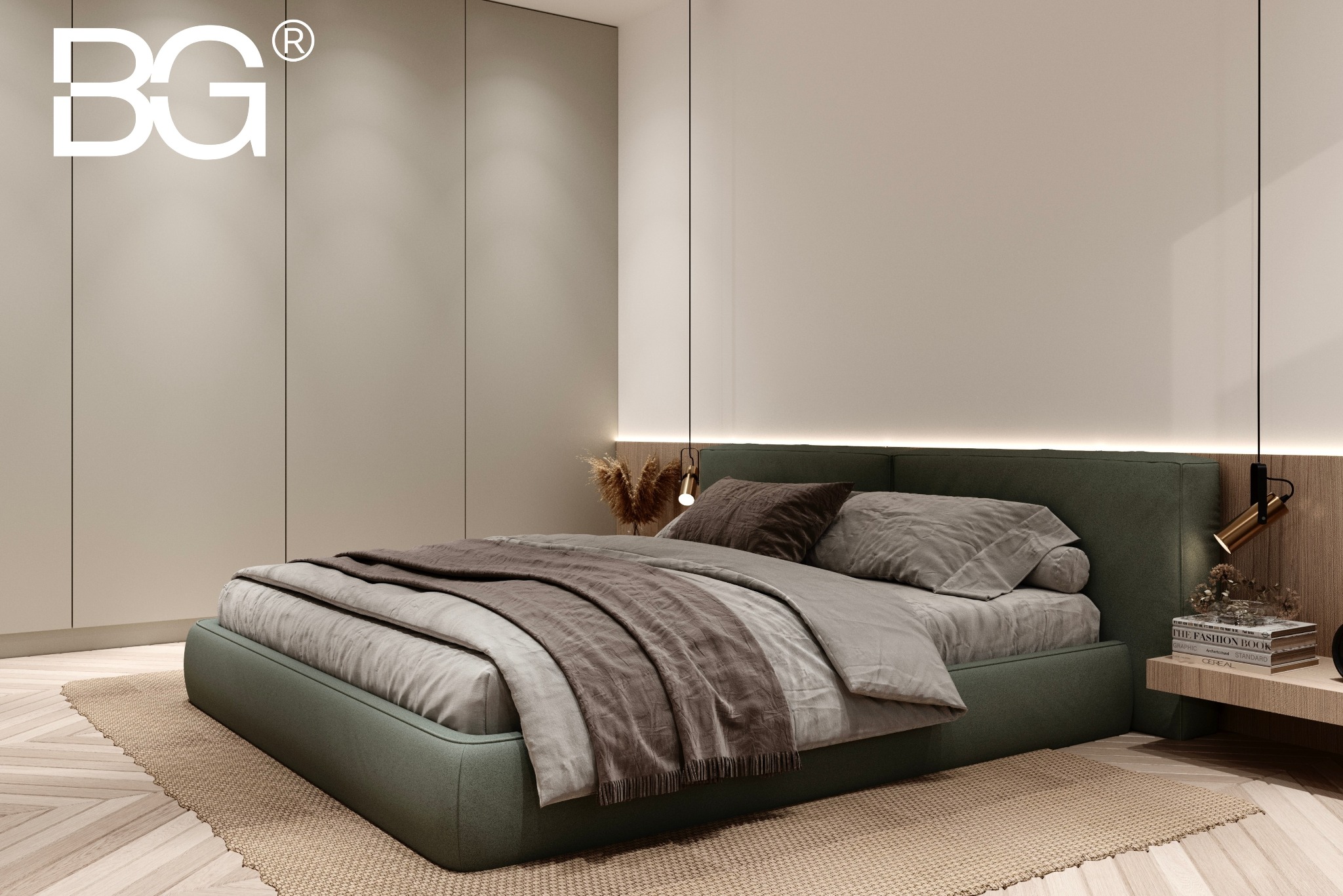 Nowoczesna sypialnia z łóżkiem na niskiej platformie, zielonym zagłówkiem i beżową pościelą. Minimalistyczne szafy w tle, drewniana podłoga i dywan z juty.