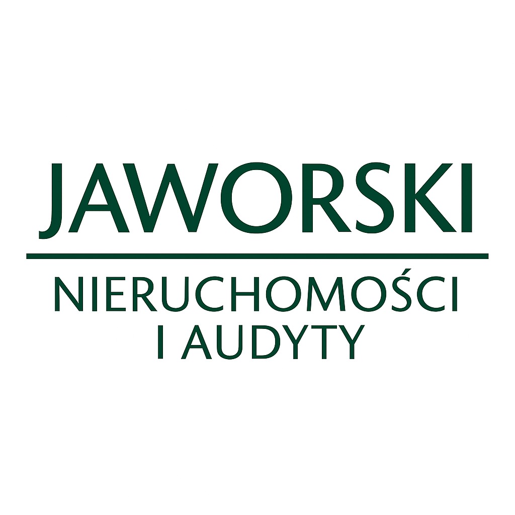Logo firmy Jaworski Nieruchomości i Audyty Energetyczne, z nazwą i zakresem działalności w kolorze ciemnozielonym na białym tle.