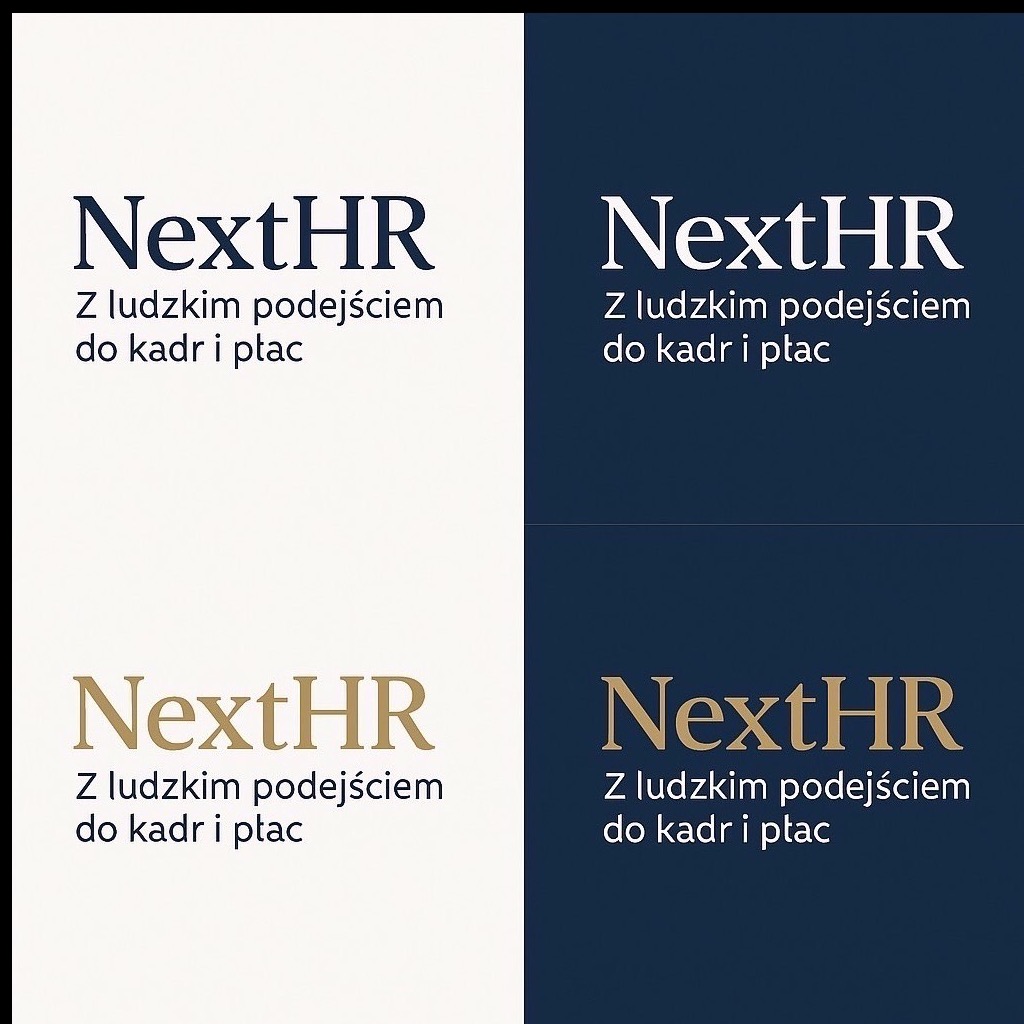 Logo NextHR z hasłem 'Z ludzkim podejściem do kadr i płac' w czterech wariantach kolorystycznych na podzielonym na kwadraty tle.