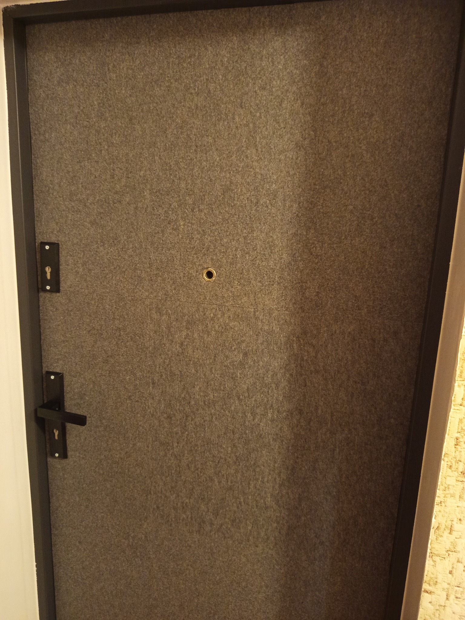 Drzwi wejściowe po wygłuszeniu panelami korkowo-filcowymi. Widoczny wizjer, klamka i zamek. Ciemna rama kontrastuje z jasnym tłem ściany.