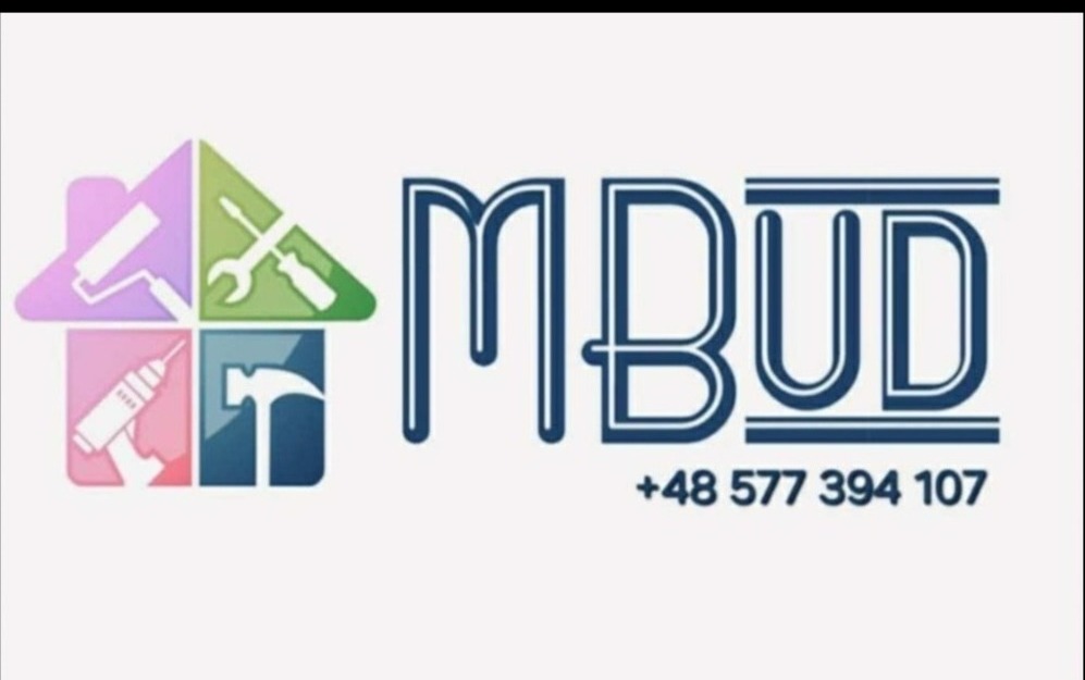Logo firmy MBud z ikoną domu podzielonego na cztery części, każda z narzędziem: wałek, klucz, wiertarka, młotek. Pod logo numer telefonu.