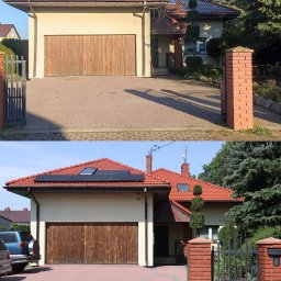 DOMyjka mycie ciśnieniowe kostka elewacja dach Warszawa - Zdjęcie 'przed i po' domu z panelami słonecznymi na dachu i kostką brukową. Widoczna różnica w czystości dachu, elewacji i kostki. Ujęcie w słoneczny dzień.