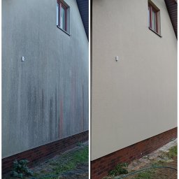 DOMyjka mycie ciśnieniowe kostka elewacja dach Warszawa - Elewacja domu przed i po czyszczeniu, widoczne różnice w kolorze i usunięte zabrudzenia. Czerwona ceglana podmurówka i okno z czerwoną ramą.