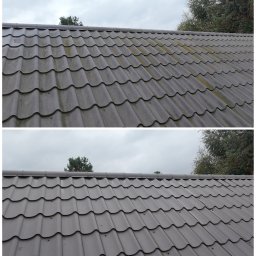 DOMyjka mycie ciśnieniowe kostka elewacja dach Warszawa - Dachówka przed i po czyszczeniu, widoczne różnice w zabrudzeniu i kolorze. Górna część dachu pokryta mchem, dolna czysta, w tle drzewa i pochmurne niebo.