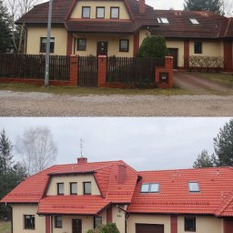 DOMyjka mycie ciśnieniowe kostka elewacja dach Warszawa - Zdjęcie 'przed i po' prezentujące dom z nową, czerwoną dachówką i odświeżoną elewacją. Widoczna zmiana koloru dachu i czystości elewacji. Ujęcie z zewnątrz, w dzień.