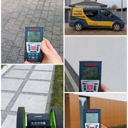 Łukasz Szumidłowski - Pomiar powierzchni kostki, elewacji i dachu laserowym dalmierzem Bosch GLM 250 VF. W tle budynek, kostka brukowa i samochód firmy DOMyjka.
