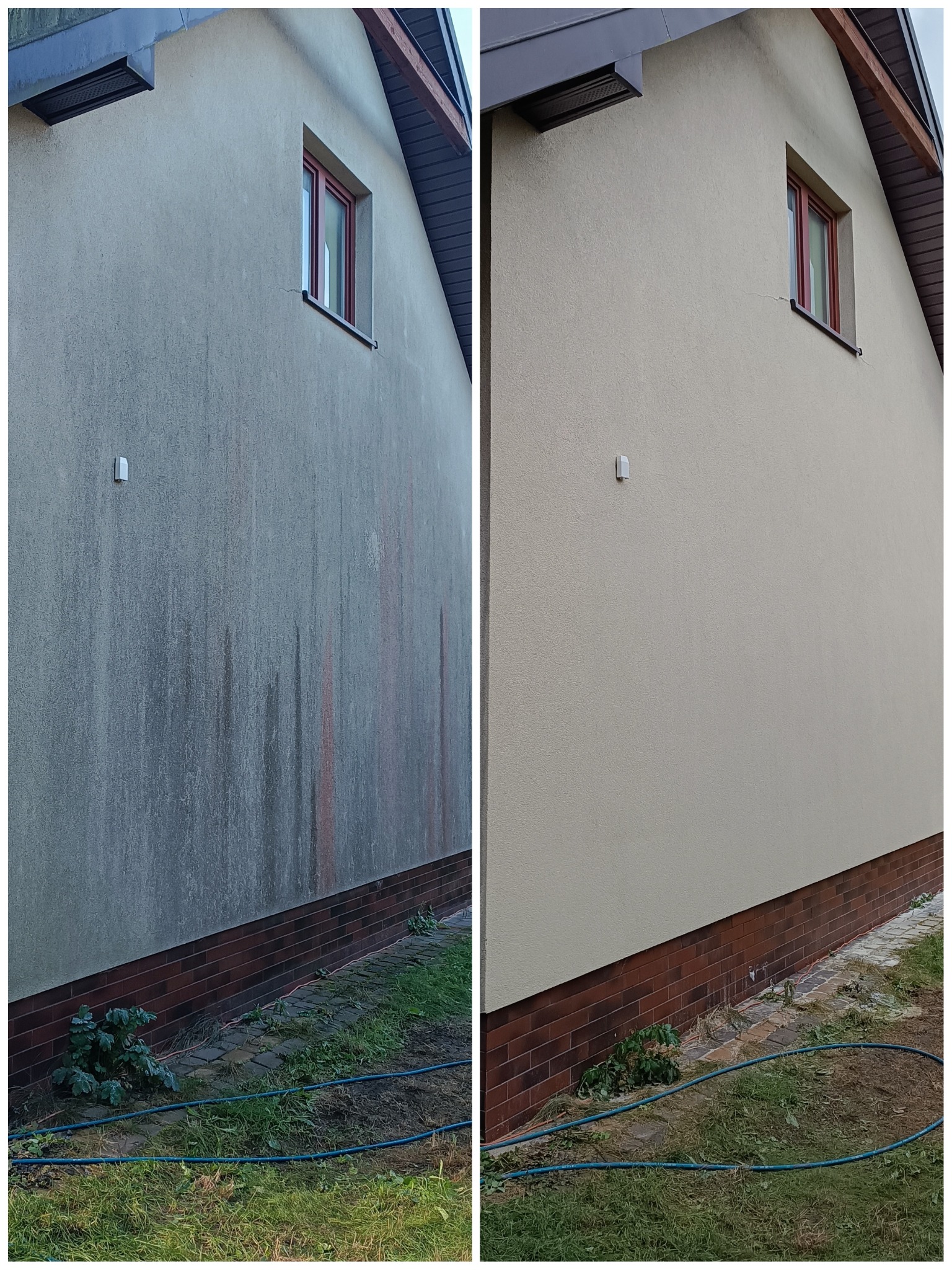Elewacja domu przed i po czyszczeniu, widoczne różnice w kolorze i usunięte zabrudzenia. Czerwona ceglana podmurówka i okno z czerwoną ramą.