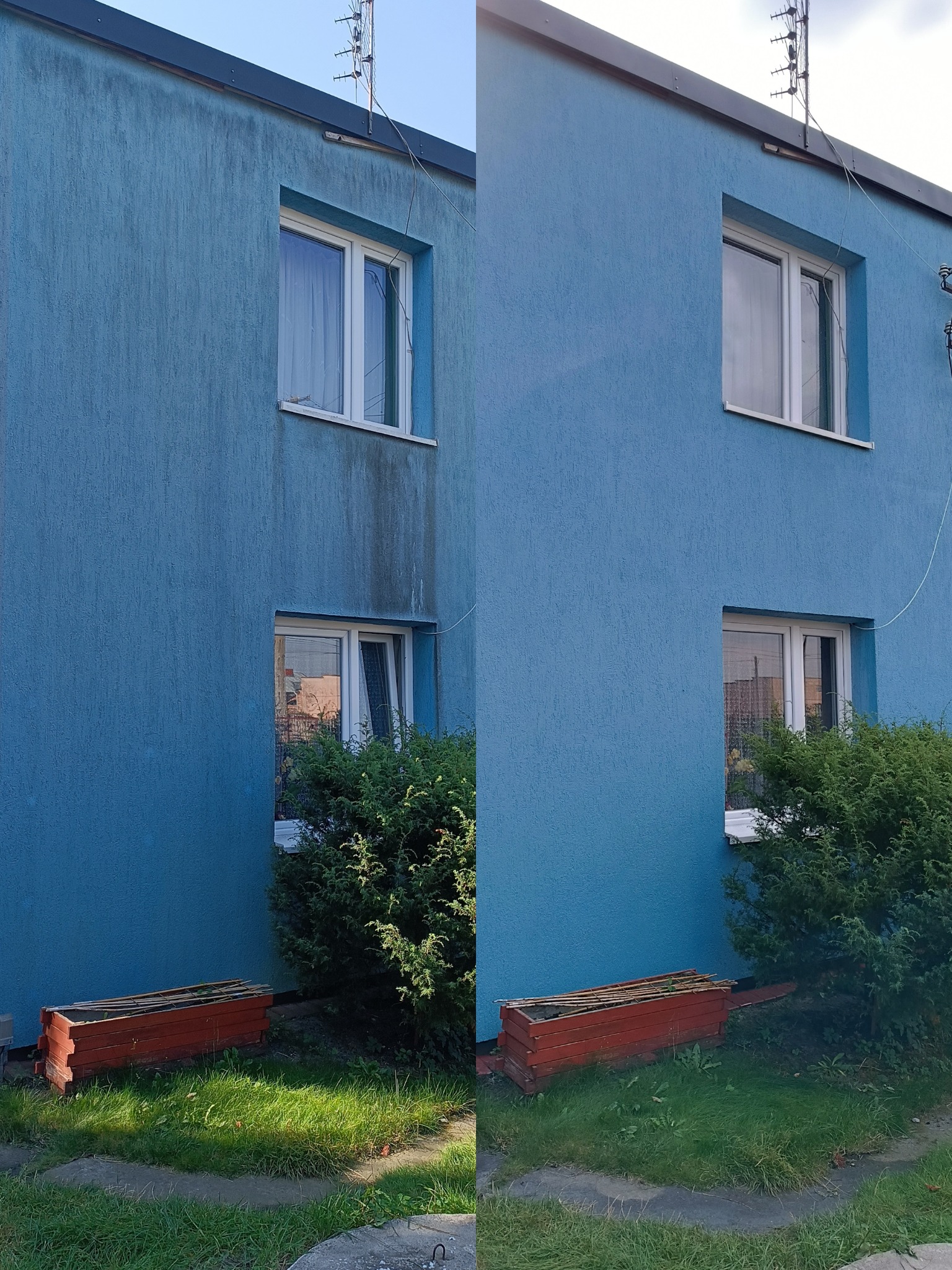 Błękitna elewacja budynku przed i po czyszczeniu, widoczne różnice w zabrudzeniach. Po prawej stronie elewacja czysta, po lewej widoczne zacieki i brud.