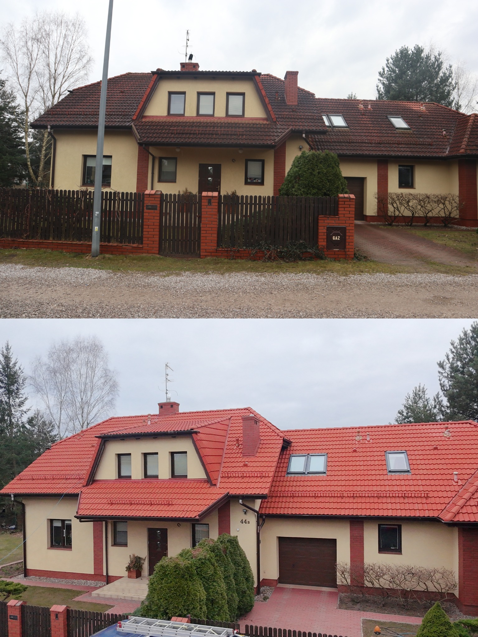 Zdjęcie 'przed i po' prezentujące dom z nową, czerwoną dachówką i odświeżoną elewacją. Widoczna zmiana koloru dachu i czystości elewacji. Ujęcie z zewnątrz, w dzień.