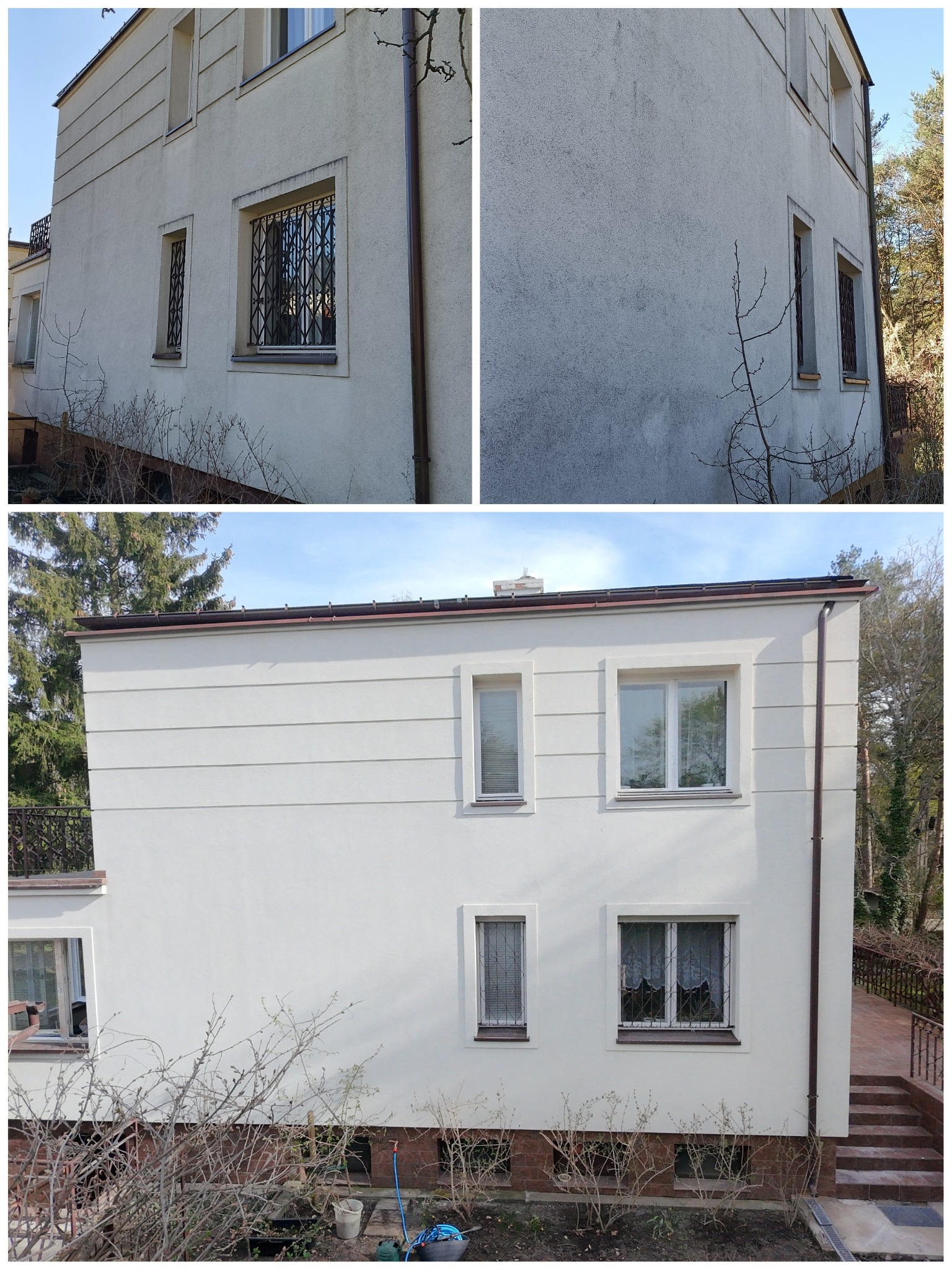 Biała elewacja dwukondygnacyjnego budynku z brązowymi rynnami i kratami w oknach. Widoczne ślady zabrudzeń na ścianie. Ujęcie z dołu, w tle drzewa.