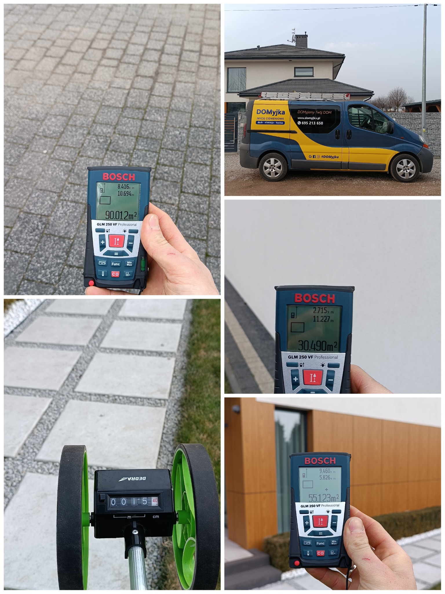 Pomiar powierzchni kostki, elewacji i dachu laserowym dalmierzem Bosch GLM 250 VF. W tle budynek, kostka brukowa i samochód firmy DOMyjka.