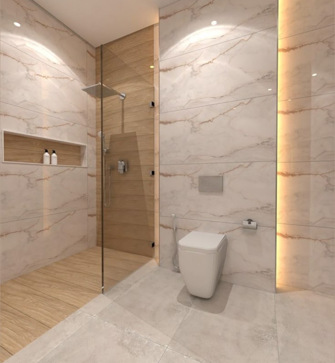 Nowoczesna łazienka z kabiną prysznicową typu walk-in, wykończona płytkami imitującymi marmur i drewno. Uwagę zwraca podświetlenie LED wzdłuż ściany.