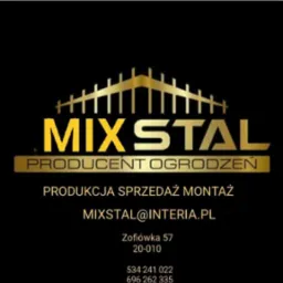 Logo firmy MIX STAL, producenta ogrodzeń. Złoty napis na czarnym tle, informacja o produkcji, sprzedaży i montażu, adres e-mail, adres siedziby i numery telefonów.