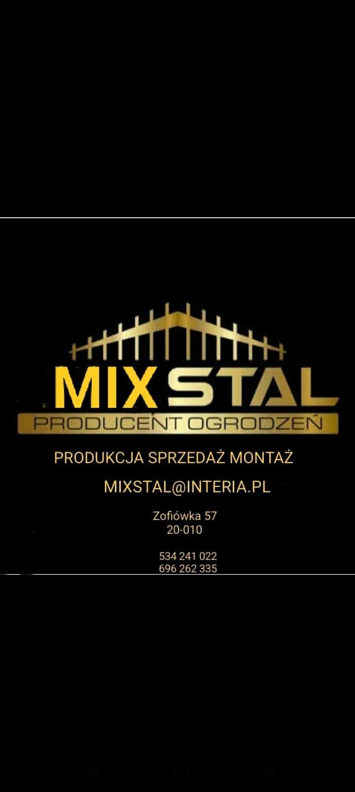Logo firmy MIX STAL, producenta ogrodzeń. Złoty napis na czarnym tle, informacja o produkcji, sprzedaży i montażu, adres e-mail, adres siedziby i numery telefonów.