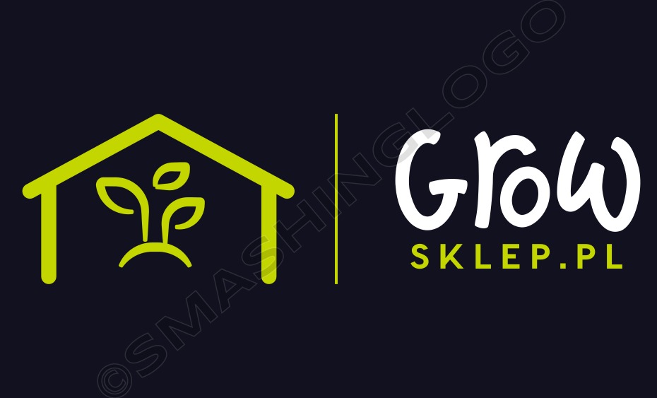 Logo firmy Grow Sklep.pl: zielony symbol szklarni z rośliną i biały napis 'Grow' na ciemnym tle. Minimalistyczny design.