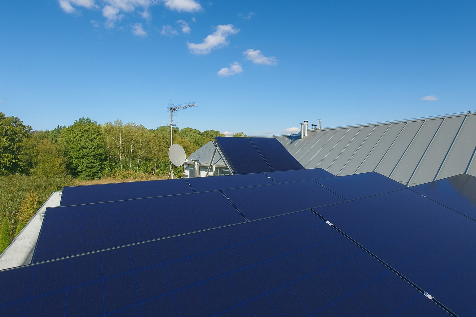 Błękitne panele fotowoltaiczne na szarym dachu domu, z anteną satelitarną i telewizyjną w tle, na tle zieleni drzew i błękitnego nieba z chmurami.