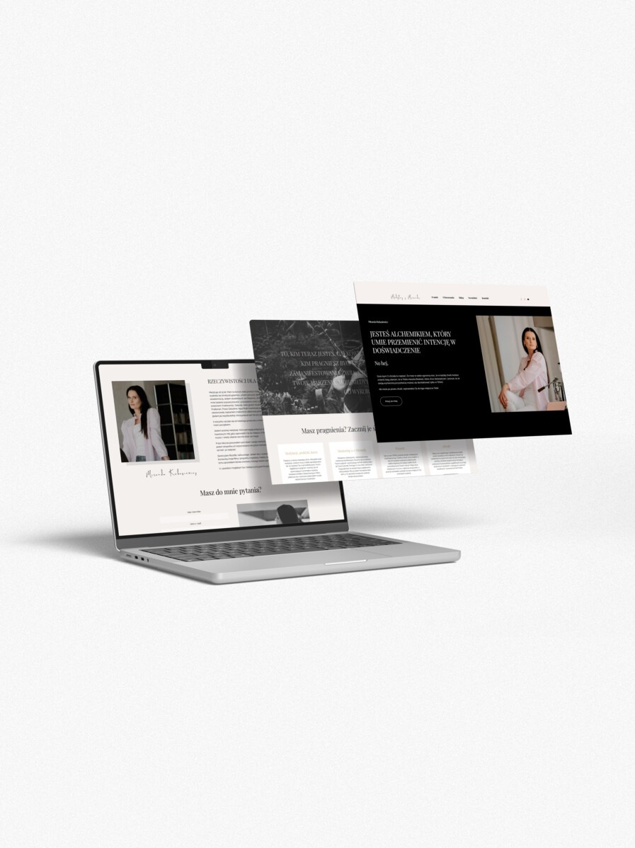 Laptop prezentuje trzy ekrany strony internetowej z minimalistycznym designem i kobiecymi portretami. Stonowana kolorystyka, nowoczesny układ.