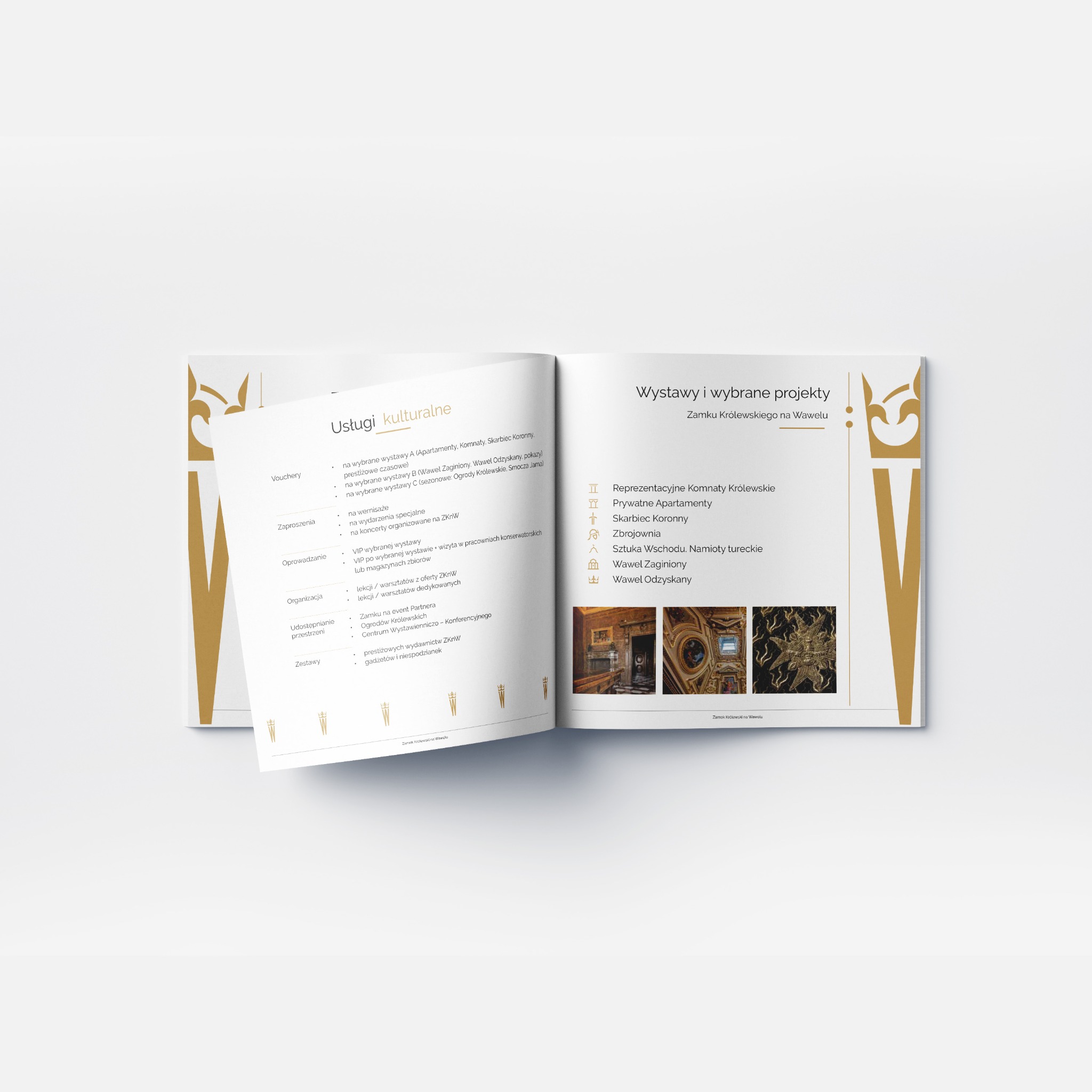 Rozłożona broszura reklamowa Zamku Królewskiego na Wawelu, prezentująca ofertę usług kulturalnych i wystaw. Widoczne zdjęcia wnętrz i złote zdobienia.