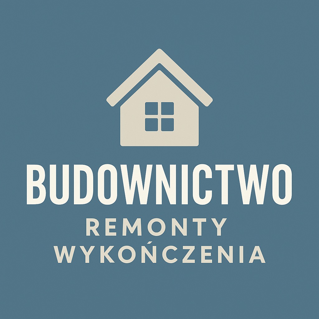 Grafika z ikoną domu i napisem 'Budownictwo Remonty Wykończenia' na niebieskim tle. Prosty, minimalistyczny design.