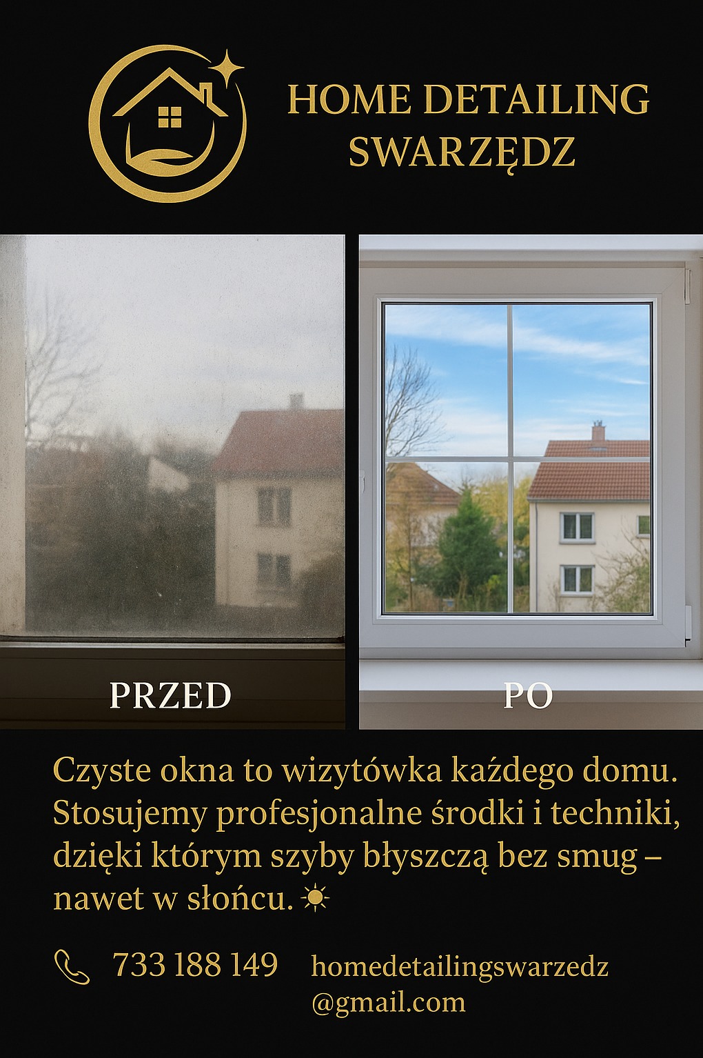 Okno po i przed czyszczeniem, widok na dom z czerwonym dachem. Po prawej szyba czysta, po lewej brudna. Ujęcie z wnętrza, z widocznym parapetem.