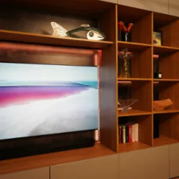 Nowoczesna szafka RTV z drewnianymi p&oacute;łkami i szarymi frontami. Na p&oacute;łkach dekoracje i książki. Telewizor z podświetleniem LED. Aranżacja wnętrza.