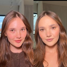 Paulina Leszkiewicz Make Up - Portret kobiety przed i po delikatnym, naturalnym upiększeniu. Widoczne subtelne podkreślenie rysów twarzy i wyrównany koloryt cery. Złote kolczyki w uszach.