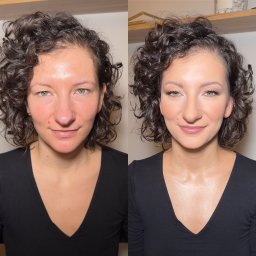 Paulina Leszkiewicz Make Up - Portret kobiety przed i po delikatnym, rozświetlającym makijażu. Widoczne podkreślone rzęsy, brwi i usta. Włosy kręcone.