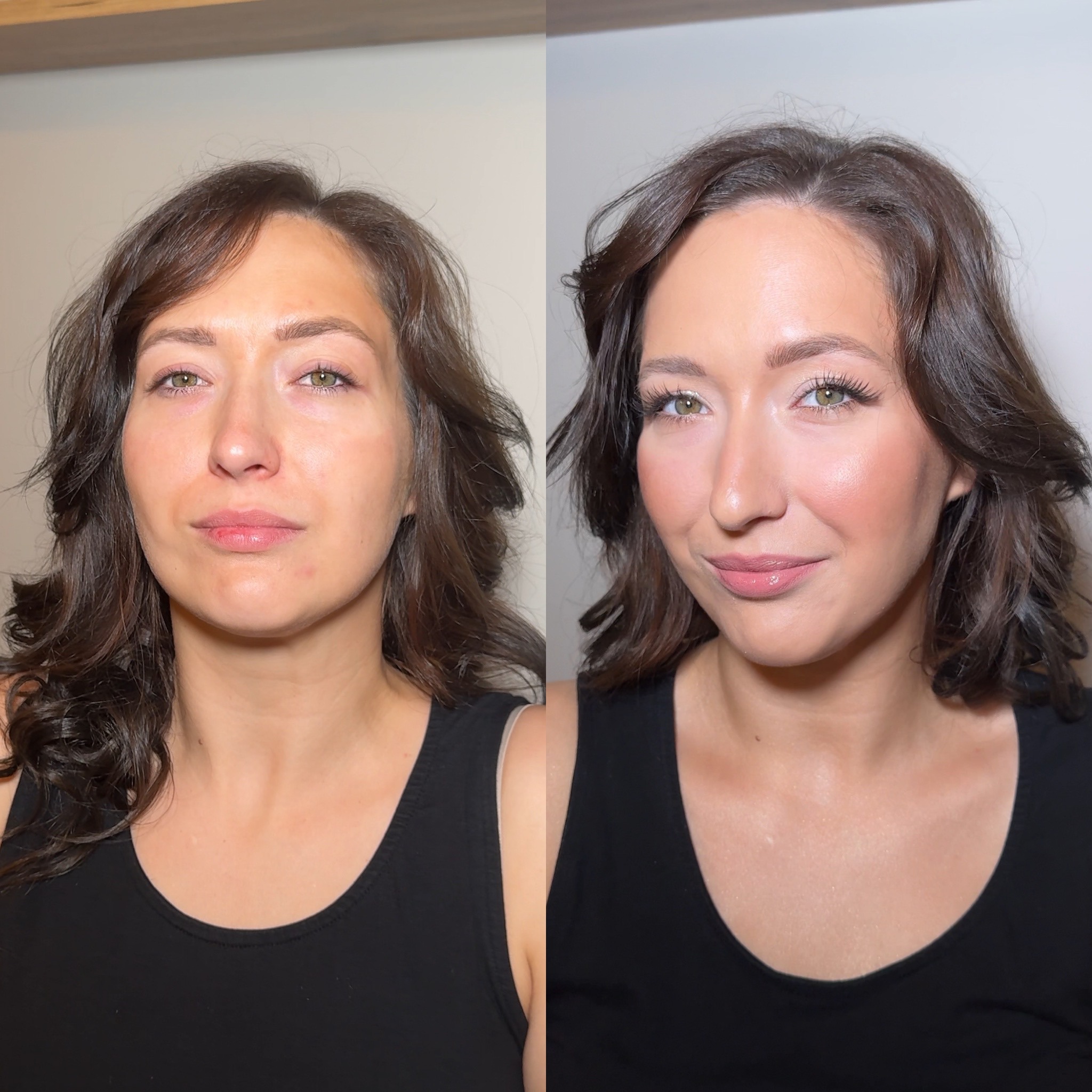 Portret kobiety przed i po delikatnym, rozświetlającym makijażu. Widoczne subtelne podkreślenie oczu i ust, wyrównany koloryt cery. Ujęcie z bliska, naturalne światło.