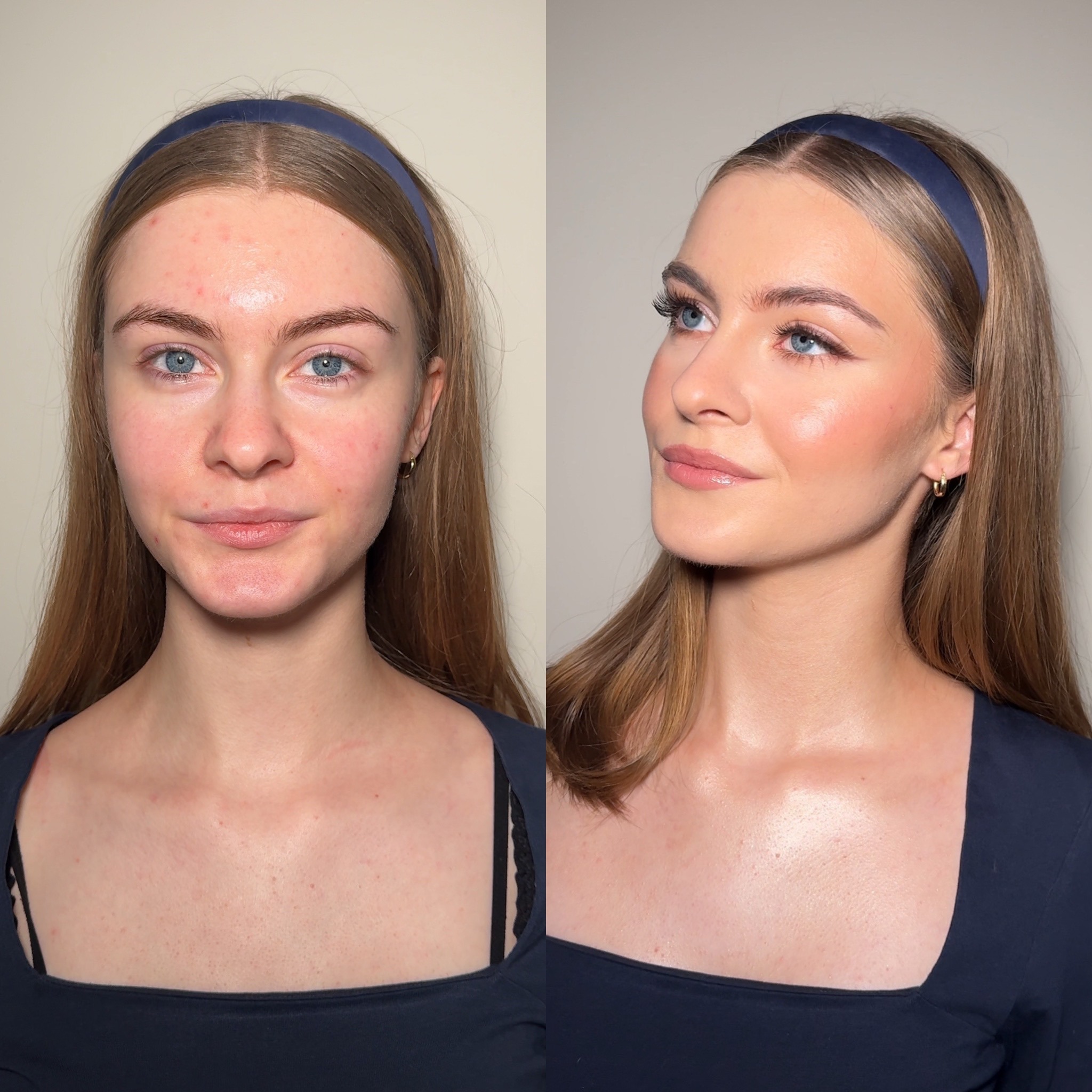 Portret kobiety przed i po delikatnym, rozświetlającym upiększeniu. Widoczne wyrównanie kolorytu cery i podkreślenie rysów twarzy. Efekt naturalnego blasku.