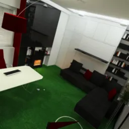 Wizualizacja biura z zieloną wykładziną imitującą trawę, białym biurkiem z komputerem, czarną sofą z czerwonymi poduszkami oraz regałem z książkami, oświetlona lampą z czerwonym abażurem.