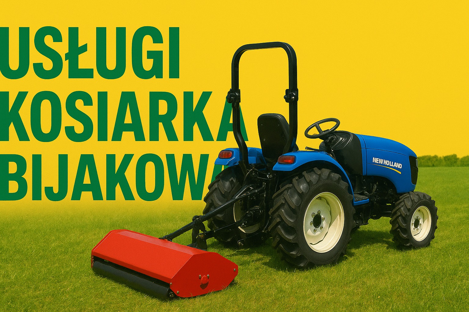 Niebieski traktorek z kosiarką na trawie, z zielonym napisem 'Usługi Kosiarka Bijakowa' na żółtym tle. Usługi koszenia trawy w Sobolewie.