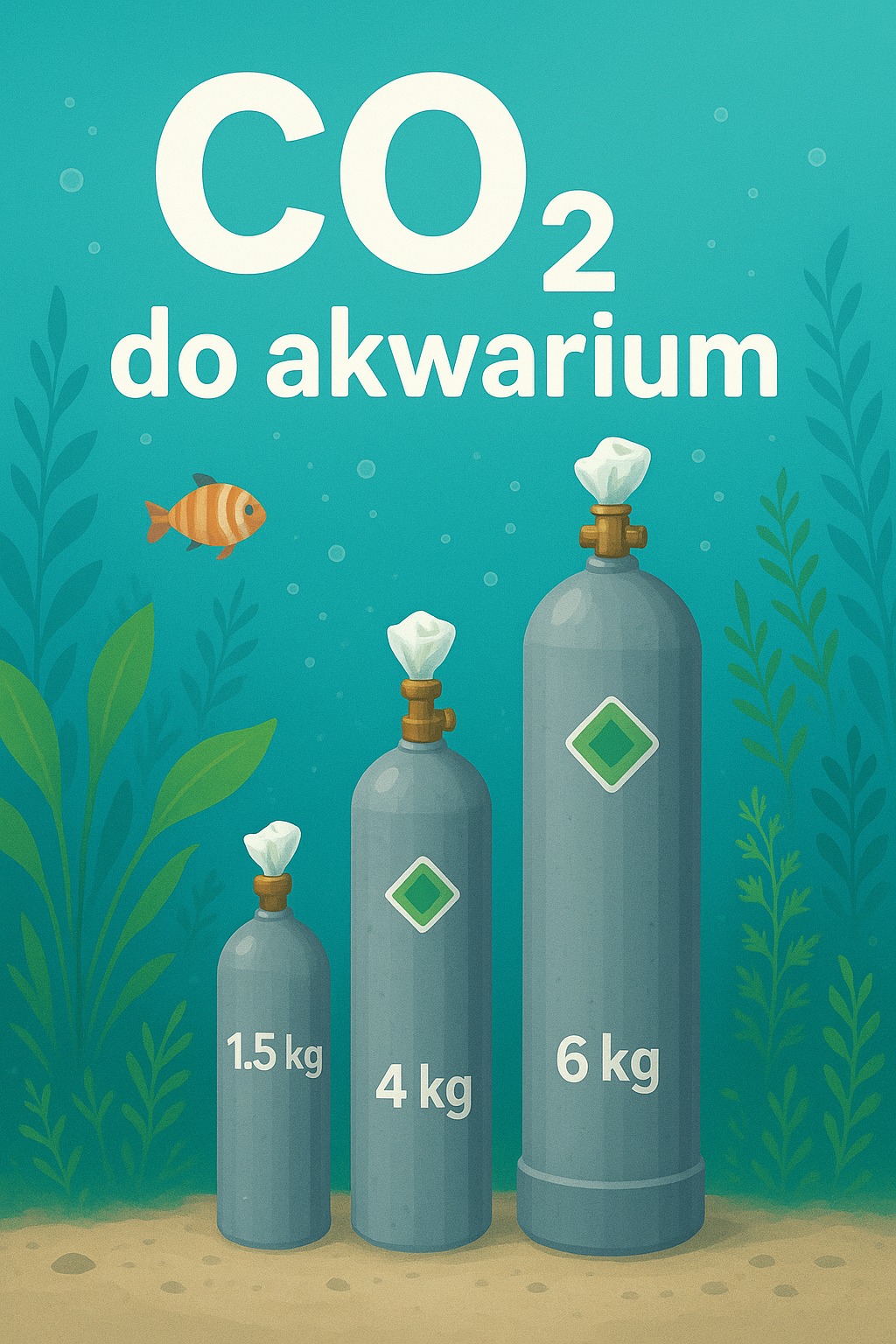 Ilustracja: Trzy butle CO2 o różnej pojemności (1.5kg, 4kg, 6kg) do akwarium, z rybką i roślinami w tle, na piasku. Grafika w odcieniach niebieskiego i zieleni.