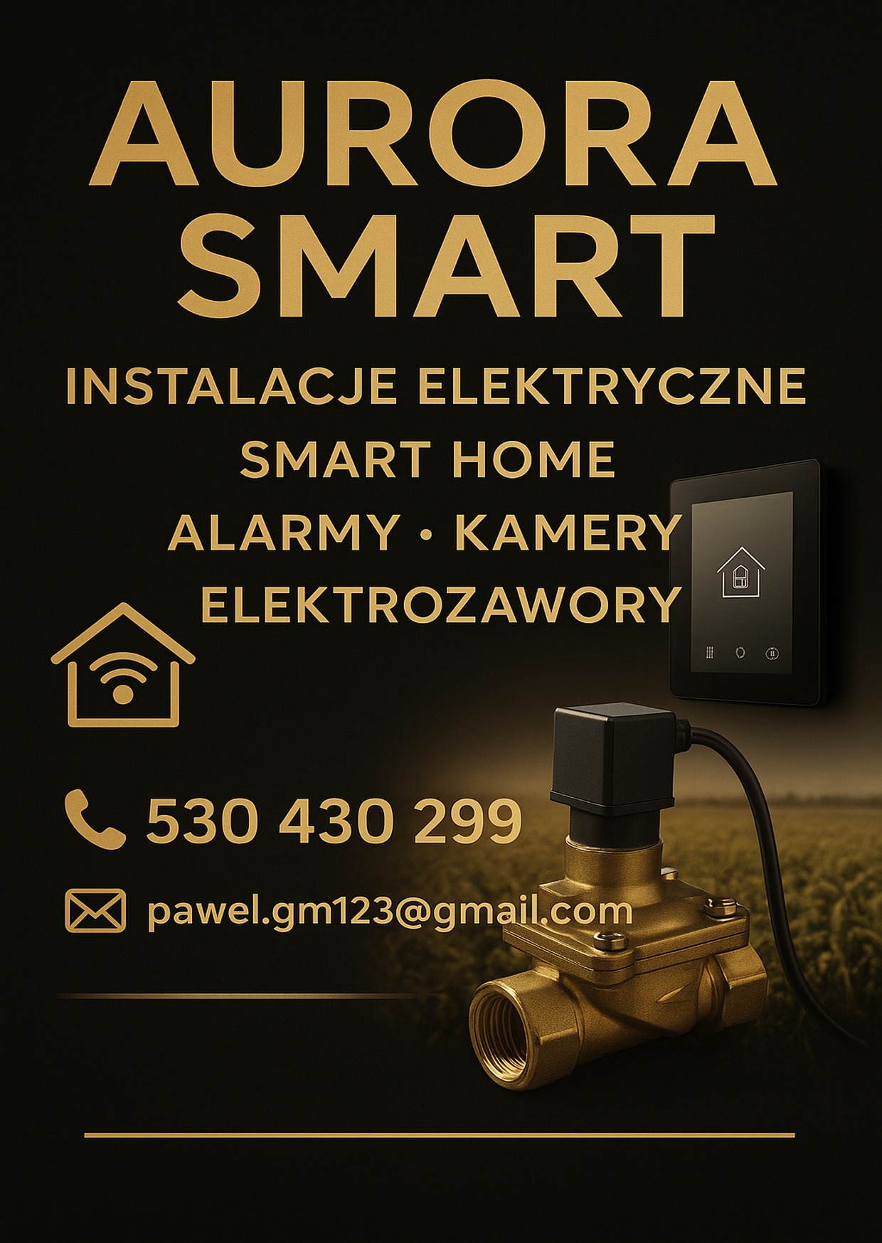 Elegancki plakat reklamowy: instalacje elektryczne, smart home, alarmy, elektrozawory. Złote napisy na czarnym tle, kontakt i zawór elektromagnetyczny na pierwszym planie.