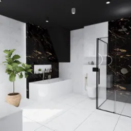 Nowoczesna łazienka z białymi marmurowymi płytkami, czarnym akcentem i kabiną prysznicową typu walk-in. Rośliny doniczkowe dodają naturalnego akcentu.